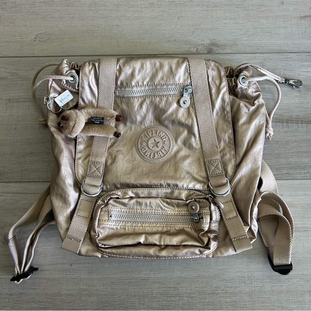 Kipling Metallic Gold Drawstring Backpack With Mo… - image 1